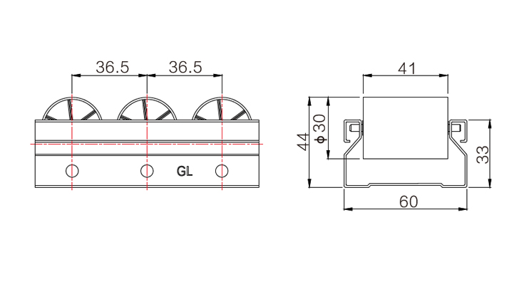 L4000xW60xH33mm-白色-碳钢+PE-白锌-平轮-φ30xW41mm-轮距36.5mm-侧边带